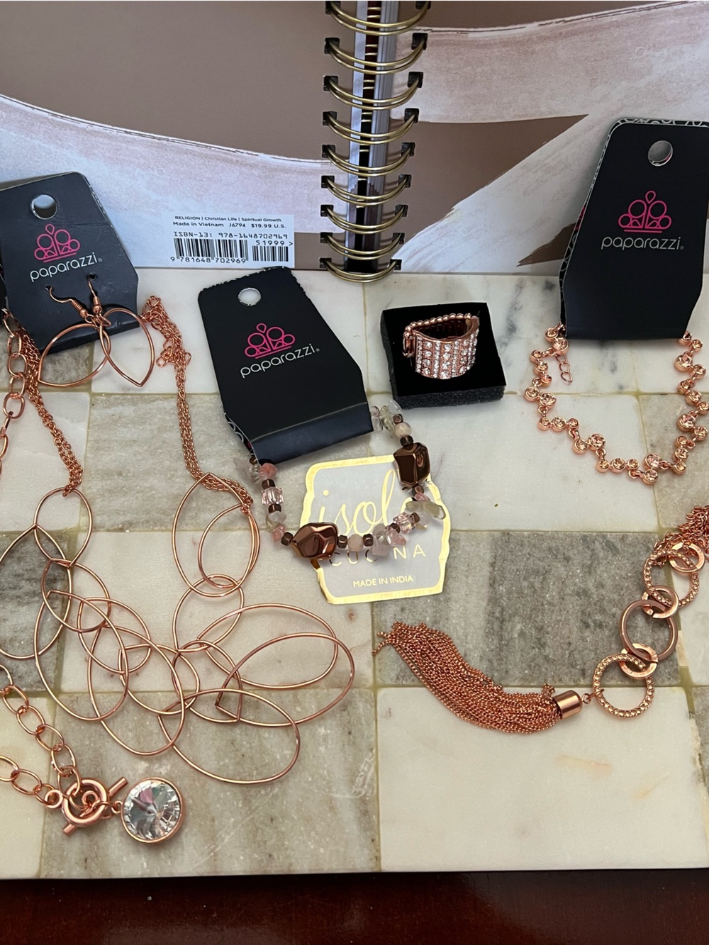 5-Piece High-Shine Copper Jewelry Bundle with White Rhinestones
